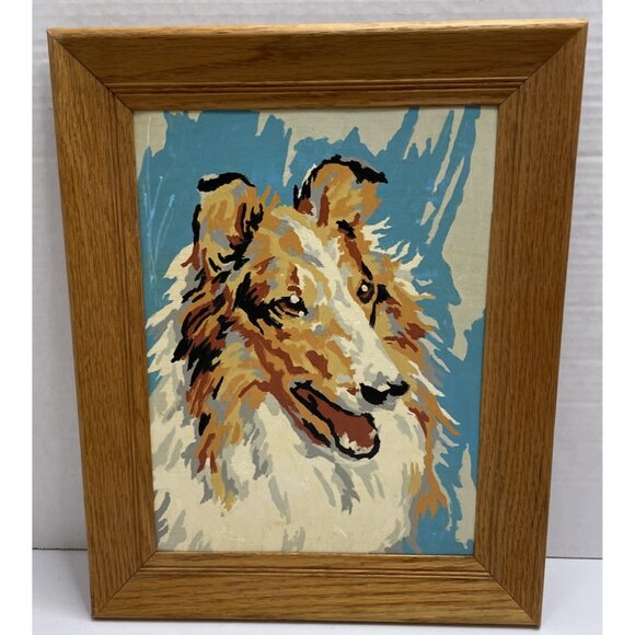 Vintage Framed Paint By Number Collie Lassie Dog Painting 12" X 15" - EUC - Picture 1 of 4